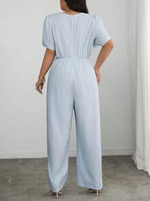 Celure Plus Size Women V-Neck Petal Sleeve Jumpsuits - Baby Blue - View 2