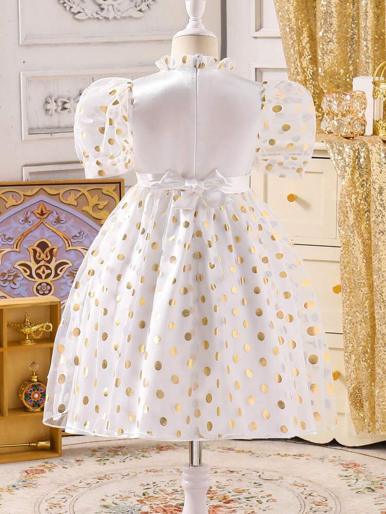 Young Girl Metallic Polka Dot Print Mesh Puff Sleeve Mini Dress