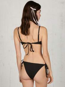 COUREZ 黑色圆领比基尼套装，低腰系带泳裤，度假沙滩装两件套，夏季复古风。 - 黑色 - 查看 4