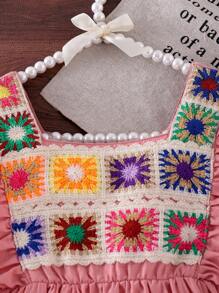 SHEIN Young Girls Pink Lace Trim Cinched Waist Tassels Pockets Embroidery Dress, Casual Cute Summer Outfit For Little Girls - Pink - View 8