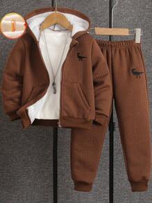 SHEIN Casuvi Kids 男童 2 件套 男童可爱卡通恐龙刺绣拉链连帽夹克和裤子，冬季
