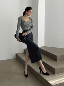 DAZY Women's Elegant Commuter Solid Color Bodycon Slit Skirt,Pencil Skirt Fall Skirts - Navy Blue - View 3