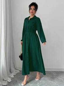 Elenzga Women's Solid Color Long Sleeve Single-Breasted Long Casual Shirt Dress With Pockets, Autumn Fall Maxi Women Outfit