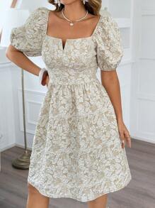 Flirla Plus Size Women French Style Jacquard Square Neck Puff Sleeve A-Line Dress