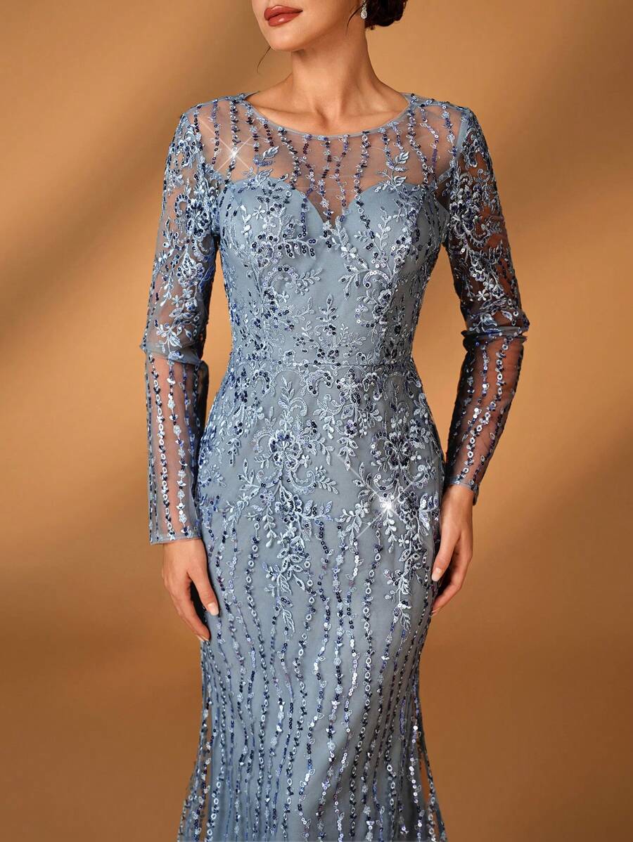 Serin Váy dài tay voan mỏng thêu sequin thanh lịch ôm sát viền đuôi cá, thích hợp cho tiệc tối, hẹn hò, đám cưới, váy cưới cho mẹ cô dâu - Xám - Xem 1