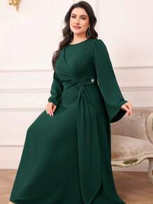 Modelyn 大码纯色抽绳连衣裙，简约时尚休闲日常穿着长款晚礼服 - 墨綠色 - 查看 2