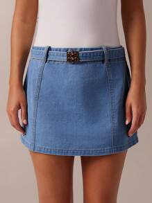 SHEIN Forever 21 Jupe mini en denim avec garniture métallique, tenue d'été/professionnelle pour femmes, remise de diplôme, tenue de travail pour femmes, élégante, concert country, thé, concert - Bleu ciel - Voir 7
