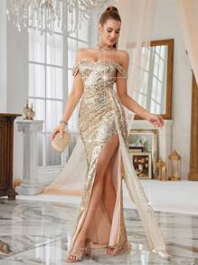 SHEIN Belle 女士金色亮片露肩无袖束腰高开衩长礼服，优雅舞会晚礼服，适合婚礼宾客、毕业典礼、返校节礼服、约会晚礼服、修身华丽化妆舞会礼服、不对称四季、派对礼服、礼服 - 金色 - 查看 6