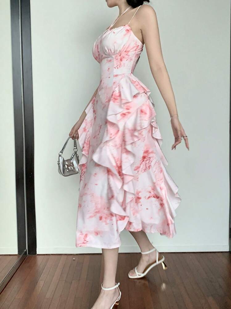 DAZY فستان نسائي متوسط الطول بحمالات مكشكشة وطبعة زهور للصيف - وردي - مشاهدة 9