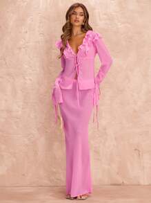 SHEIN BAE 2pcs/Set Women's Elegant Ruffled Tie Front Long Sleeve Chiffon Blouse And Extra Long Skirt, Suitable For Valentine's Day, Party, Romantic Date, Bridesmaid, Ball Gown, Office Commute, Pink Chiffon, Beach Vacation - Pink - View 6