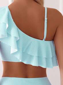 SHEIN Swim 印花条纹拼布荷叶边不对称领口细肩带上衣和高腰泳装套装