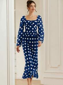 Aveloria Rosie French Elegant Square Neck Retro Polka Dot Patchwork A-Line Ruffle Dress With Fitted Waist, Women Long Sleeve Long Gown