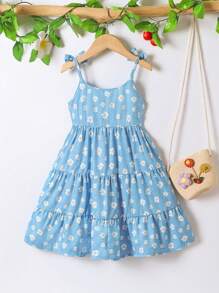 SHEIN Young Girl' Casual Simple Colorblock Striped Suspender Cake Dress, Summer - Multicolor - View 2