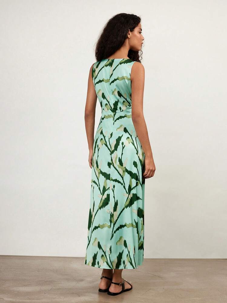 SHEIN Maija Women's Green Floral Print Draped Neck Sleeveless Satin Dress, Holiday Beach Fashion Elegant Dress Summer