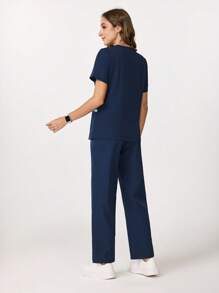 Scrubzie Colorblock Zipper V Neck Design Four Pockets Scrub Sets Sporty Sets Women's Solid Color Splice Short Sleeve Blouse And Long Pants Nursing Scrub Set For Women Scrubs For Women Scrub Sets Nurse Scrub Sets Women Scrub Sets For Women Essential Jogger Scrub Set Nursing Scrub Stretch V-Neck Top & Drawstring Cargo Pants Notch V-Neck Tuck In Top & Drawstring Straight Leg Pants - Navy Blue - View 2