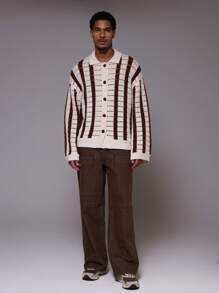 Musero Men Striped Knit Button Down Crochet Cardigan - Multicolor - View 5