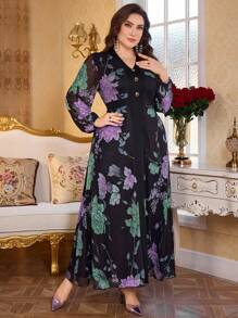 Modelyn Đầm nữ cỡ lớn cổ chữ V tay bồng lưới co giãn in họa tiết thắt eo thanh lịch lãng mạn - Nhiều màu - Xem 6