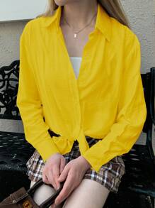 INAWLY Women's Casual Solid Color Long Sleeve Shirt - Mustard Yellow - View 3
