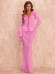 SHEIN BAE 2pcs/Set Women's Elegant Ruffled Tie Front Long Sleeve Chiffon Blouse And Extra Long Skirt, Suitable For Valentine's Day, Party, Romantic Date, Bridesmaid, Ball Gown, Office Commute, Pink Chiffon, Beach Vacation - Pink - View 3