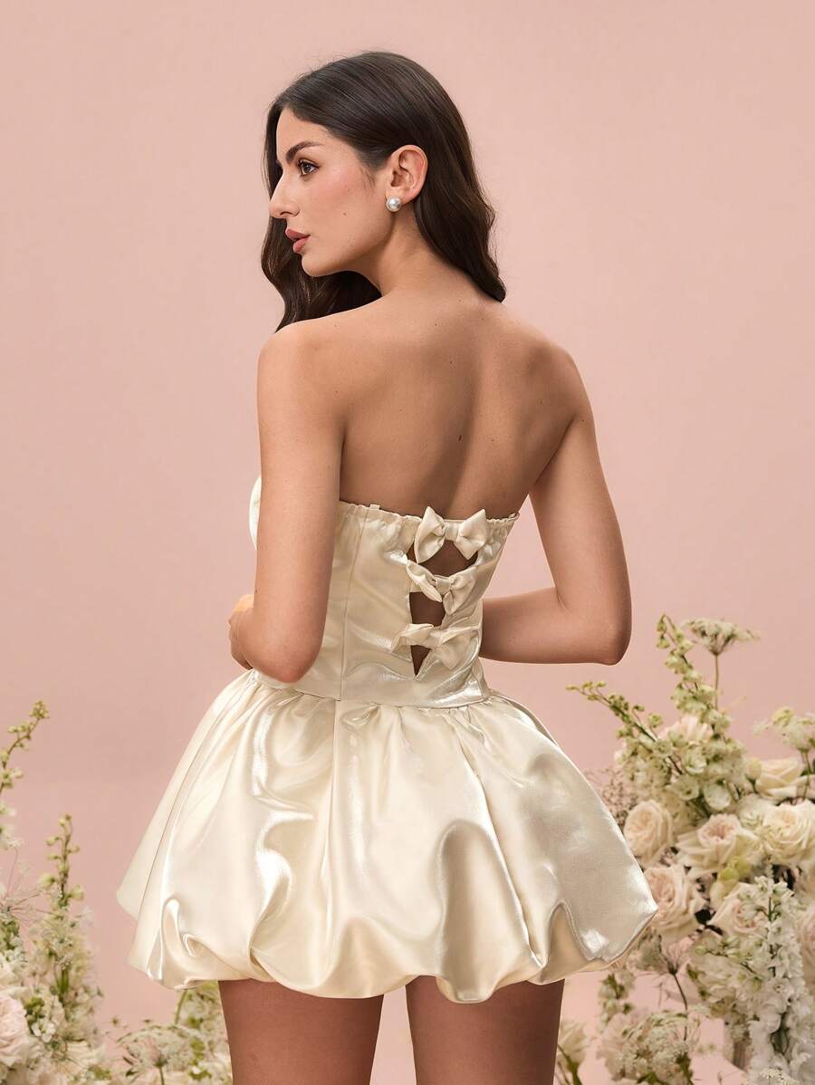 Glamine Champagne Color Mini Dress With Bowknot Detail, Corset Design, Puff - Champagne - View 1