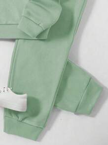 女童两件套：笑脸格子印花圆领长袖上衣和纯色裤子 - 綠色 - 查看 5