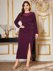 Modelyn 大码女式泡泡图案侧开衩下摆优雅连衣裙 - 紅色 - 查看 6