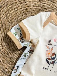 Loomiva Newborn Baby Boy/Girl 2pcs Set Soft Knitted Butterfly Pattern Contrast Color Round Neck Short Sleeve Bodysuit