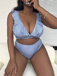 Slaydiva 2 pezzi Bikini a righe con scollo a V e volant per donne taglia curvy, costume da bagno alla moda per spiaggia e vacanza