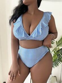 Slaydiva 2 pezzi Bikini a righe con scollo a V e volant per donne taglia curvy, costume da bagno alla moda per spiaggia e vacanza