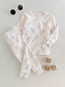 Loomiva Conjunto de pijama de 2 piezas para bebé niño con camiseta de manga larga de cuello redondo suave con estampado floral disperso y pantalón largo con cintura elástica