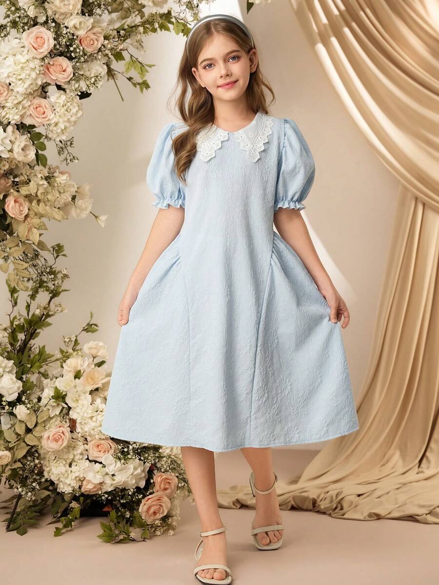 SHEIN Tween Girl 花卉蕾丝边翻领提花腰部宽松下摆连衣裙，蓝色