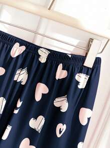 SHEIN Bộ đồ ngủ 2 món in hình trái tim và chữ cho bé gái tuổi teen ngày lễ tình nhân và quần ngắn tay thoải mái - Màu xanh hải quân - Xem 6