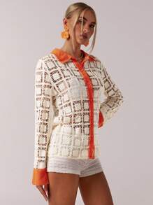 SHEIN Forever 21 Outfits/Curve Beachwear/Summer Clothes/Beach Vacation Outfits/Crochet/Color Contrast Cardigan Shirt - Multicolor - View 7