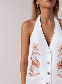 SHEIN Forever 21 Women Spring Casual Simplistic Backless Deep V Floral White Linen Vest Top