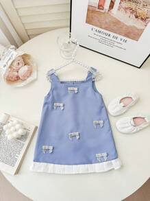 SHEIN Baby Girl Elegant Color Block Bow Decor Summer Dress - Blue - View 9