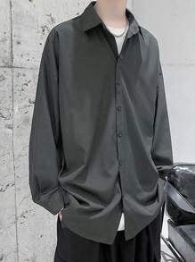 Manfinity Hypemode Loose Fit Men's Solid Color Drop Shoulder Shirt, Without Tie - Grey - View 1