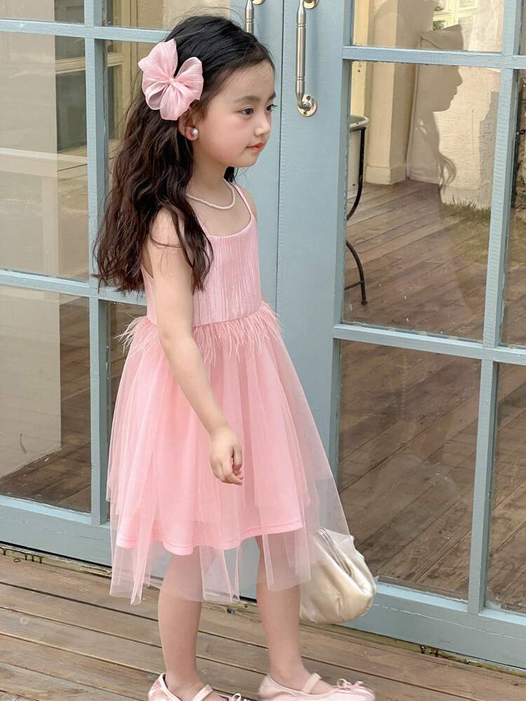 Young Girls Summer Strap Mesh Splice Dress