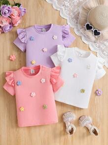 SHEIN 3pcs/Set Young Girl Knit Solid Color Round Neck 3D Flower Fitted T-Shirt - Multicolor - View 1