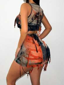 Sirith Tie Dye Fringe Design Slim Fit Vest And Skirt Set For New Year Clothes - Multicolor - View 4