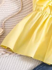 SHEIN Tween Girls' Cap Sleeve Ruffle Hem Crop Top & Pearl Embellished Pants Set - Yellow - View 4