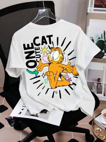 GARFIELD X SHEIN Casual Loose Fit Round Neck Short Sleeve Women T-Shirt, Suitable For Summer