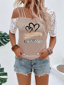 EMERY ROSE Women's Lace Patchwork Heart & Leopard Print T-Shirt Graphic Cheetah Print Tees Women Tops - Khaki - View 7