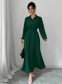 Elenzga Women's Solid Color Long Sleeve Single-Breasted Long Casual Shirt Dress With Pockets, Autumn Fall Maxi Women Outfit