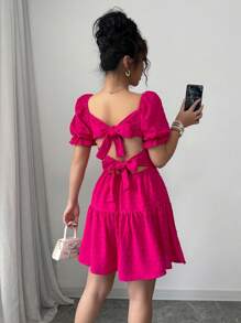 SHEIN Holidaya Swiss Dot Tie Backless Ruffle Hem Dress - Hot Pink - View 3