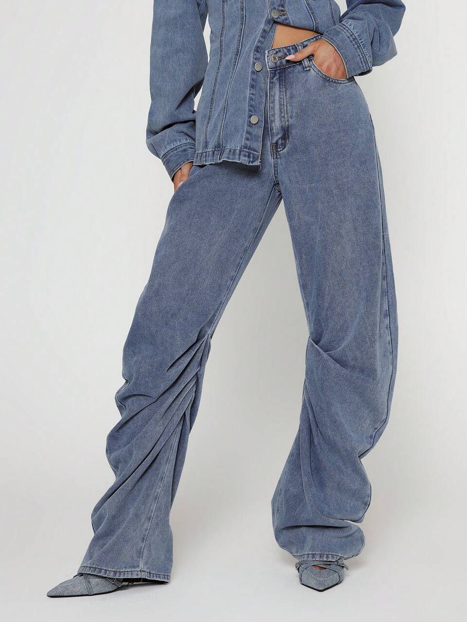 Denim Ruched Detail Jeans Chic Spring Summer