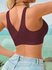 1 件女士无缝无衬垫优雅透气舒适交叉后背抹胸文胸 - 酒紅色 - 查看 7