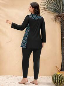 SHEIN Swim Curve 2pcs/Set Plus Size Women Modest Vacation Retro Printed Splicing Long Sleeve Pullover And High Waist Pants Burkini Swimwear