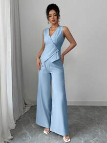 Selianne 2pcs/Set Women Elegant Solid Color Camisole & Pants Set - Baby Blue - View 4