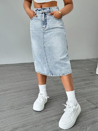 Pre-Tween Girls Versatile All-Match Simple Casual Washed Light Blue Denim Mini Skirt, School, Campus, College