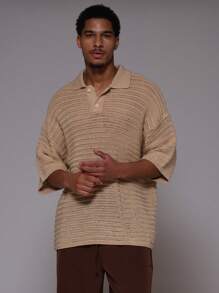 Musero Men Oversized Crochet Knit Short Sleeved Polo Top - Khaki - View 1
